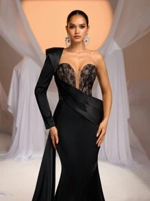 Glamrae Elegante, romántico, sexy y de moda, vestido de fiesta de satén negro, tela elástica de punto, con encaje, escote asimétrico sin tirantes, mangas largas, decoración plisada, decoración de espina de pescado con forma de corsé, bajo de cola de pez con cola larga, adecuado para ocasiones formales, fiestas, citas, bailes de graduación, cenas, vestido de fiesta, vestido de noche, vestido de gala, graduación, atuendos para maestras, vestido para maestras, para el Día de San Valentín - Negro - Ver 3