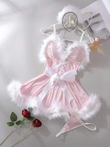 PetitDoll 4pcs Sexy Christmas Mrs. Claus Lingerie Set For Women, Valentine's Day Costume Outfit - Baby Pink - View 4