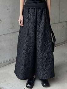 FRIFUL Rok Celana Panjang Wanita Model Lebar, Kain Jacquard Bertekstur, Gaya Vintage Elegan, Musim Semi - Hitam - View 4