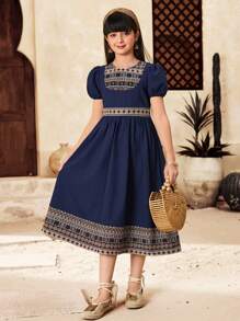 SHEIN Tween Girl Elegant Geometric Print Puff Sleeve Mini Dress