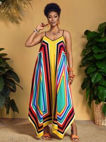 Slaydiva 大码女式宽松几何图案 V 领无袖度假连衣裙