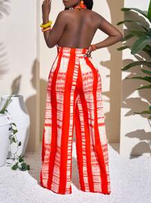 Slaydiva Macaquinho de Perna Larga com Alça, Amarração na Cintura para Férias, Feminino - Laranja - Visão 2