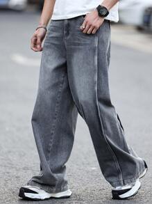 Claim Dot Men's Casual Loose Fit Straight Leg Jeans With Pockets, Everyday Wear - Grey - View 4