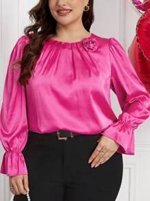 SHEIN Clasi 大码纯色 3D 花卉装饰长袖基本款上衣，日常休闲穿着