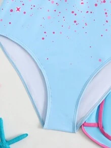 SHEIN 1件少女连体泳衣，2件少女长袖拉链泳衣套装，新品上市。适合春夏海滩游泳。彩色泼墨渐变图案设计。亮丽浅色，时尚风格。舒适面料。浅蓝色和粉色设计，清新亮丽。