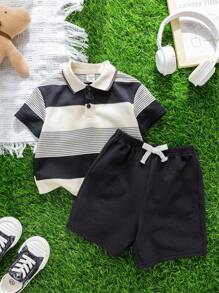 SHEIN Leap Crew 2 件套男童/女童休闲条纹 Polo 衫和黑色短裤套装，适合春夏季 - 黑與白 - 查看 1
