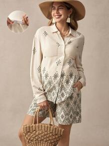 SHEIN Maternity Drop Shoulder Long Sleeve Button-Up Shirt And Adjustable Waist Straight Leg Shorts 2 Pieces Set - Blue and White - View 8