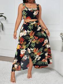 Breezaya Plus Size 2 Pieces Set: Elegant Vintage Style Sleeveless Tank Top & High Waist Slit Maxi Dress With Random Floral Print, Versatile Separates For Summer, Graduations, Holidays, Parties, Gatherings