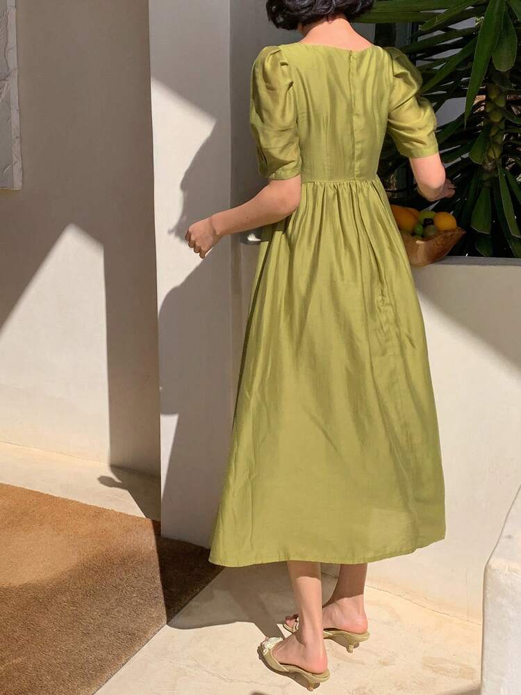 Solid Color Puff Sleeve Mid-Length Dress For Women Vacation Outfits Women Easter