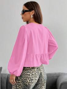 SHEIN EZwear 女士粉色编织灯笼袖蝴蝶结前襟衬衫