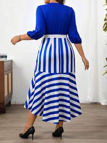 SHEIN Clasi Plus Size Elegant Striped Splice Fishtail Hem Dress - Blue and White - View 2