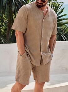 ResortEase Plus Size Men's Plain Textured Short Sleeve Shirt And Shorts Set - Khaki - View 1