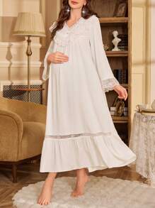 Camisón de maternidad holgado de manga larga con parches de encaje bordado y 2 botones - Blanco - Ver 5