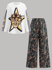 SHEIN 2pcs Tween Girls' Loose Fit Graphic Print Crew Neck T-Shirt And Pants Set