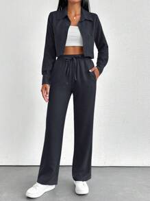 EURMUSE Áo hoodie vải cotton có khóa kéo chi tiết ngắn áo nỉ thường ngày cho nữ hai mảnh trang phục - màu đen - Xem 5