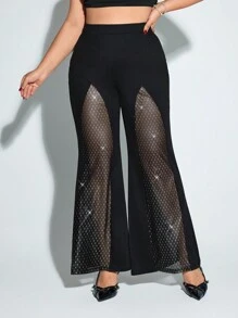 SHEIN ICON Pantalón acampanado de talla grande para mujer con cintura alta, parches y lentejuelas para fiesta
