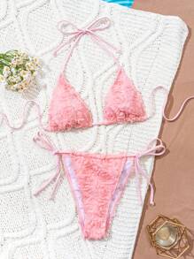 Swim EVENT Women's Floral Decor Solid Color Halter Neck Triangle Pink Spaghetti Strap Bikini Set For Summer Beach Vacation - Pink - View 6