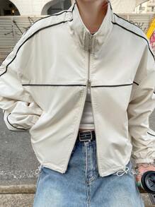 FRIFUL Women's Loose Fit Apricot Bomber Jacket, Color Block Sportswear, Spring Season - Apricot - View 7