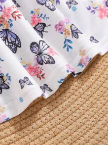2pcs/Set Baby Girls Casual Loose Soft Solid Color & Butterfly Floral Print Purple Short Sleeve Dress 2 Pieces Set, High Cost-Effective, Suitable For Spring Summer Vacation And Outings