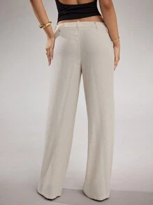 SHEIN BAE 女式杏色纯色亚麻阔腿裤，休闲低腰长裤，适合日常、度假、办公室、春夏季 - 杏色 - 查看 2