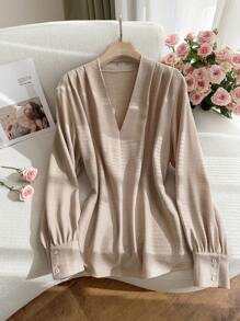 SHEIN Frenchy Plus Size Women Elegant Casual Solid Color Long Sleeve Blouse - Apricot - View 5