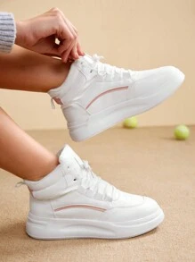 CUCCOO EASI Women's Striped Patchwork Round Toe Flat Running Sports PU Shoes, Black And Orange Contrast Color High Top Casual Sneakers For Daily And Campus Wear - White - View 2