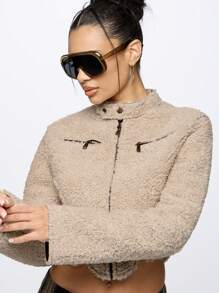 SUMWON WOMEN Luxury Teddy Bear Crop Moto Jacket Cozy Sherpa Winter Fashion Casual Streetwear Short Coat With Zip Pockets StAnd Collar Fall Outerwear