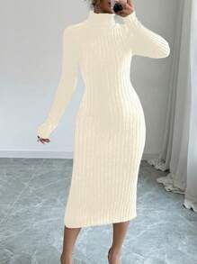 SHEIN Unity High Neck Fitted Knit Sweater Dress, Casual Solid Color, Autumn/Winter - Apricot - View 3