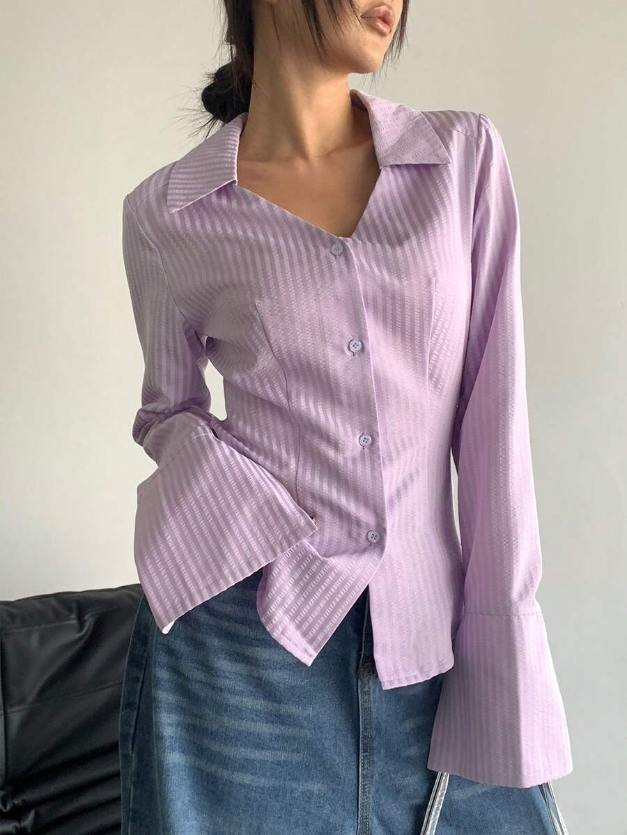 Flirla Women Front Button Long Sleeve Striped Casual Shirt, Everyday Wear Fall Cloth For Women - Purple - View 1