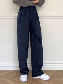 DAZY 女式直筒褶皱商务休闲正装裤 - 藏蓝色 - 查看 5