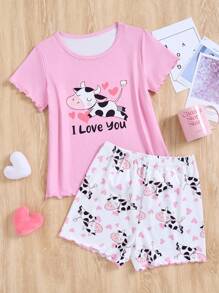 2 件套可爱奶牛和心形印花睡衣套装，适合女孩、母女搭配 - 彩色 - 查看 3
