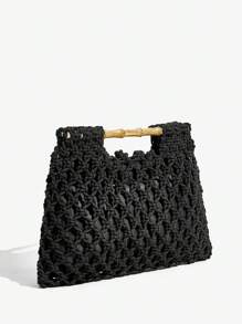 SHEIN SXY Sacs à poignée supérieure pour femmes, sacs tressés, crochetés, à la mode, élégants, simples, personnalisés, polyvalents, avec poignées en bois, pour la plage, les vacances, les jours fériés, l'été