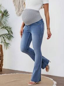 SHEIN Maternity Jeans Elastic Flare Pants, Casual Slimming, Blue, Thermal Lined, Thick - Blue - View 5