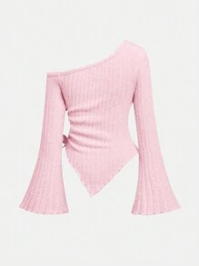 SHEIN 青少年女孩抽绳不对称下摆喇叭袖 T 恤，露肩 T 恤，舒适 T 恤 - 淺粉色 - 查看 2