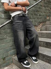 Manfinity Homme Men's Loose Fit Wide Leg Pockets Jeans