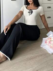 Snug Zone 2pcs Women Contrast Color Trim Short Sleeve Top And Long Pants Home Wear Set Holiday Season Outfit - Multicolor - View 4