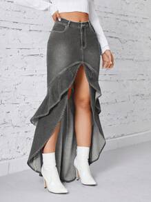 SHEIN Privé Women's Denim Ruffle Hem Patchwork Skirt - Dark Grey - View 4
