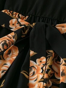 SHEIN LUNE Plus Size Women's V-Neck Tie-Waist Printed Short Sleeve Dress, Spring/Summer, Elegant Women Dress - Multicolor - View 3