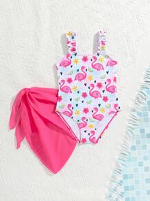 Strój kąpielowy dla młodej dziewczyny z nadrukiem flaminga i spódnicą, zestaw strojów kąpielowych na wakacje - Wielokolorowe - Zobacz 6