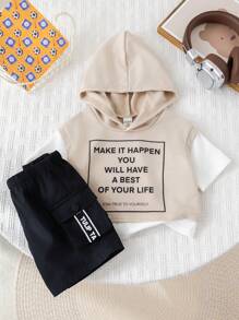 SHEIN 2pcs/Set Tween Boy Beige Summer Streetwear School Back-To-School Letter Print Oversized Hooded T-Shirt & Contrast Drawstring Cargo Shorts Set,Travel - Khaki - View 8