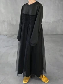 FRIFUL Women's Black Solid Color Waist Cinching Dress With Mesh Splice, Spring,Casual Women Dresses