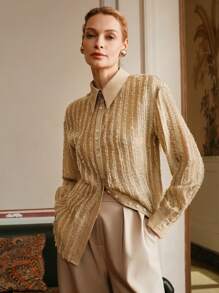 Anewsta Elaire Casual Loose Textured Striped Women Shirt, Old Money, Modest, Summer Gold Shirt Women Earthy Clothes Women Maija Women Clothes Women Blouses - Brown - View 7