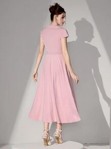 Poshira Váy chữ A xẻ eo ve dài thanh lịch dành cho nữ màu hồng - Hồng - Xem 2