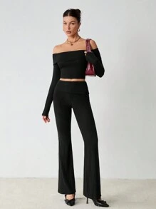 SHEIN Tall 2 pièces Ensemble mode femme avec top court à manches longues et épaules dénudées et pantalon évasé