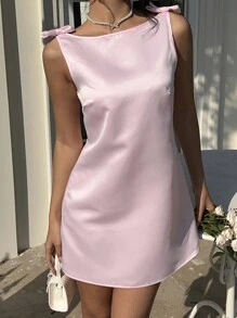 Aloruh 女士秋冬新款浪漫复古派对纯色缎面 V 领露背蝴蝶结装饰 A 字迷你连衣裙，女式连衣裙，情人节，女士连衣裙，鸡尾酒情人节，女士生日连衣裙，粉色连衣裙，情人节，女士生日返校节服装 - 粉色 - 查看 5