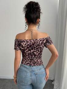 INAWLY Fashionable Leopard Print Off Shoulder Ruched Fitted T-Shirt