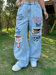 SHEIN MOD Pantalones vaqueros azules rectos y holgados de talla grande con efecto desgastado