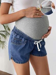 SHEIN Pregnant Women Grey Knitted Belly Support & Blue Denim Loose Shorts,Blue,Suitable For Parties, Holidays, Dates, Valentine's Day, Afternoon Tea, Summer / Summer Outfits / Summer Clothes,Year-Round,For Spring/Summer Holiday,Suitable For Summer,Blue Summer,Vacation Outfits Woman,Easter,Spring,Western,Office Outfits For Women,Rave Outfits,Baby Shower ,Cottagecore,Country Outfits Women, Chic, For Women Elegant,Beach ,Graduation ,Vacation ,Easter ,Sun,Mother Day/Mom/Mother/ Mommy/Mother's Day/Mama/Mum/Mother's Day Gift - Blue - View 1