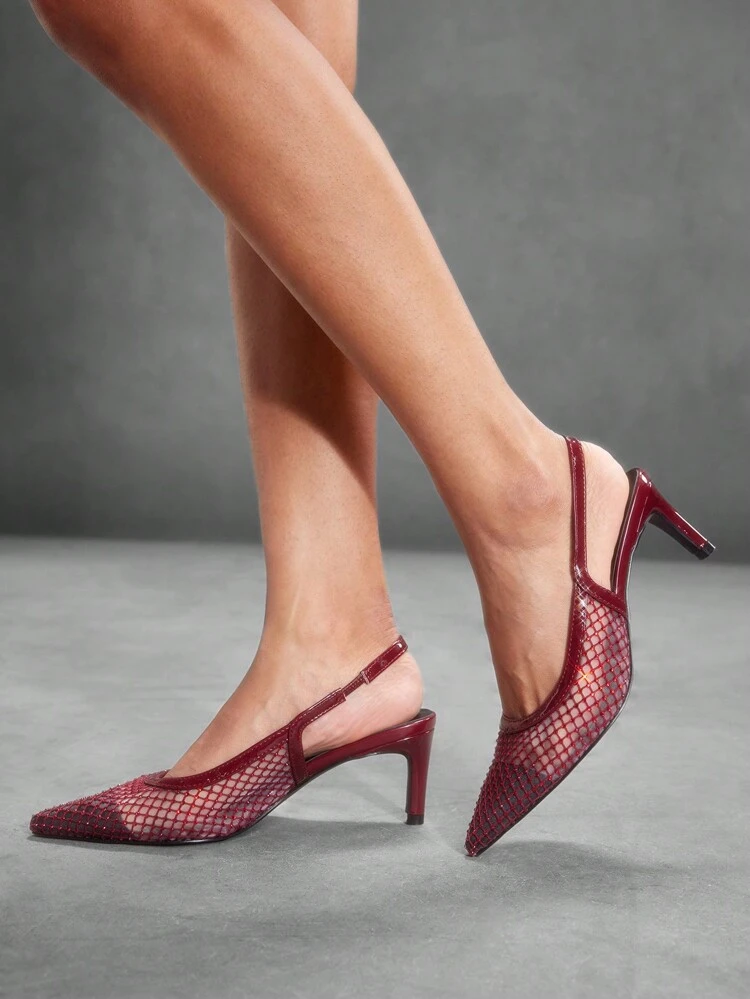 CUCCOO SZL Zapatos planos de mujer de malla rojo vino con detalles de rhinestone en punta, adecuados para ir al trabajo, citas, fiestas, bodas, vacaciones y San Valentín