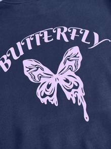 SHEIN EZwear Plus Size Women Autumn Letter & Butterfly Print Long Sleeve Hooded Casual Sweatshirt, For Winter - Royal Blue - View 8